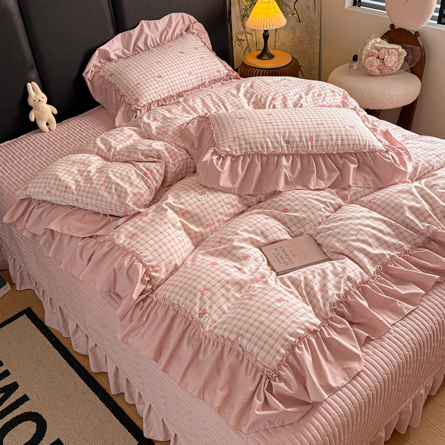 2026新款韩系古法韩国水洗棉仿棉云棉大布袋法式浪漫大花边床盖夏凉被床盖四件套 猫猫粉