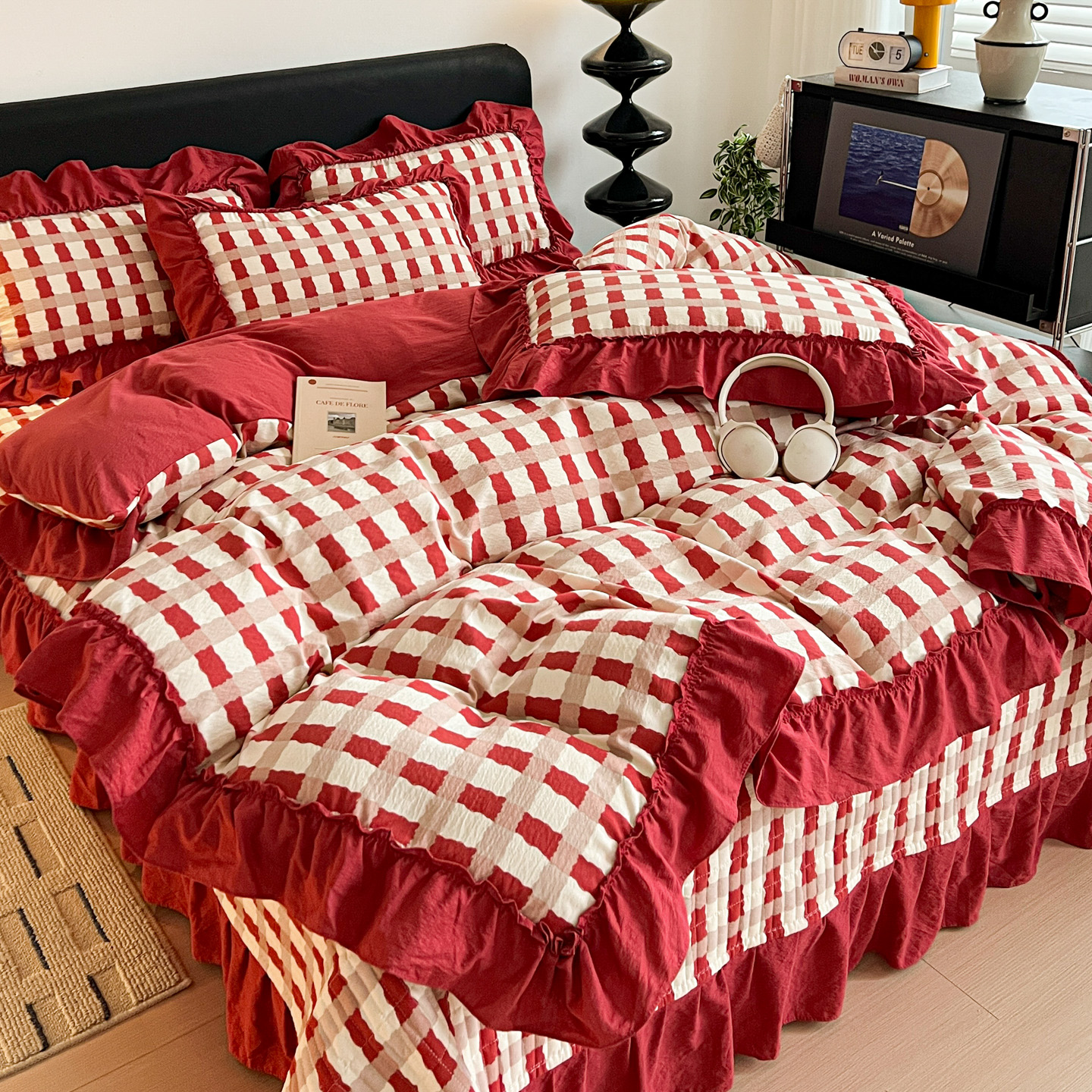 2026新款敲可爱奶呼呼云感双层纱韩国大布袋韩版大花边床盖床裙四件套-超级治愈 时光一红