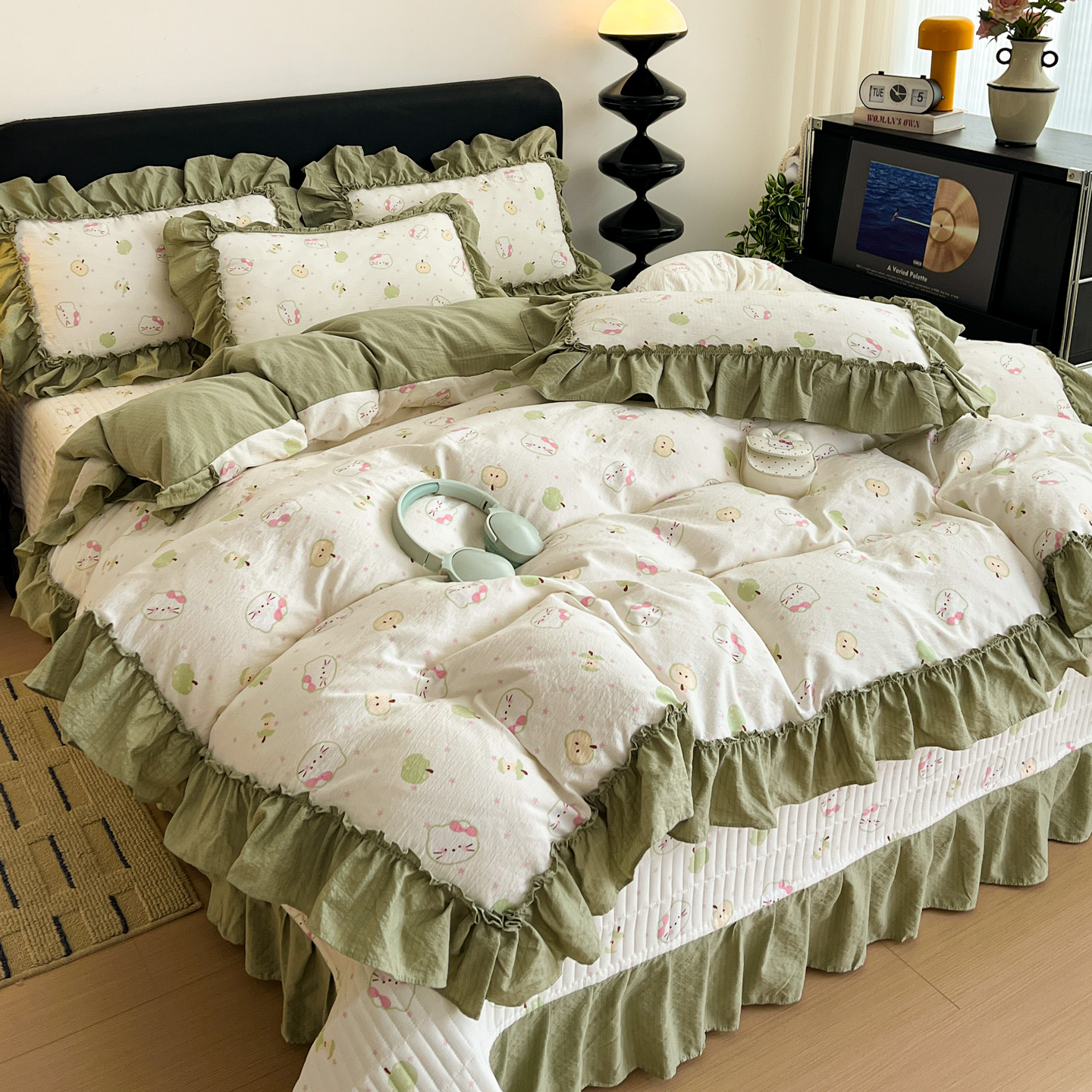 2026新款敲可爱奶呼呼云感双层纱韩国大布袋韩版大花边床盖床裙四件套-超级治愈 一口青苹果