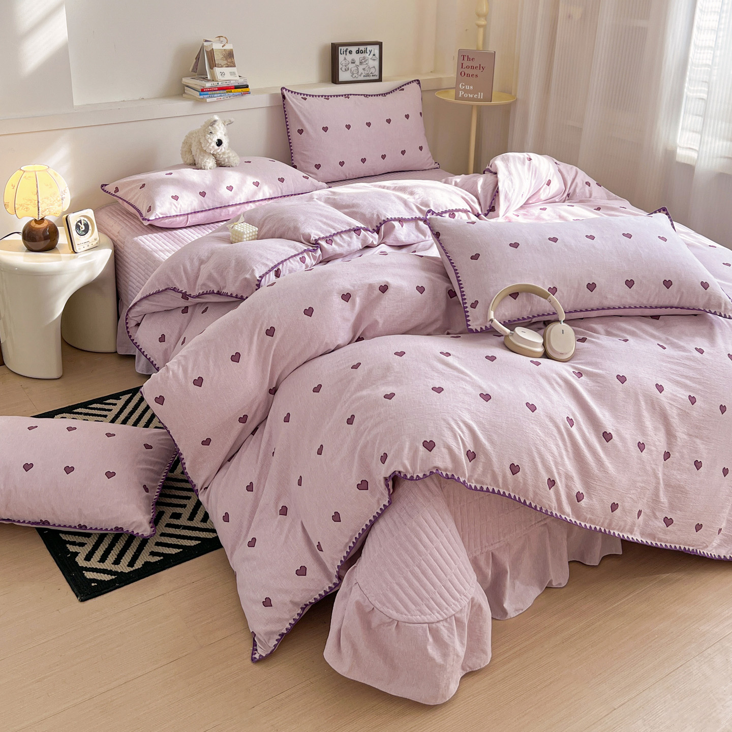 2026新款色织提花贝壳边床盖床裙四件套 贝壳边-紫爱心