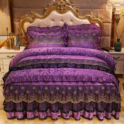 2019新款天鹅绒四件套 1.5m床裙款 花颜-深紫