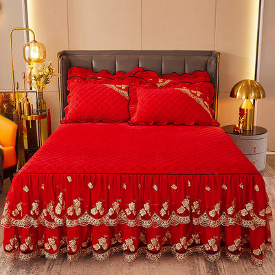 2021新款法式双层刺绣水晶绒夹棉床裙 120*200cm单床裙 中国红