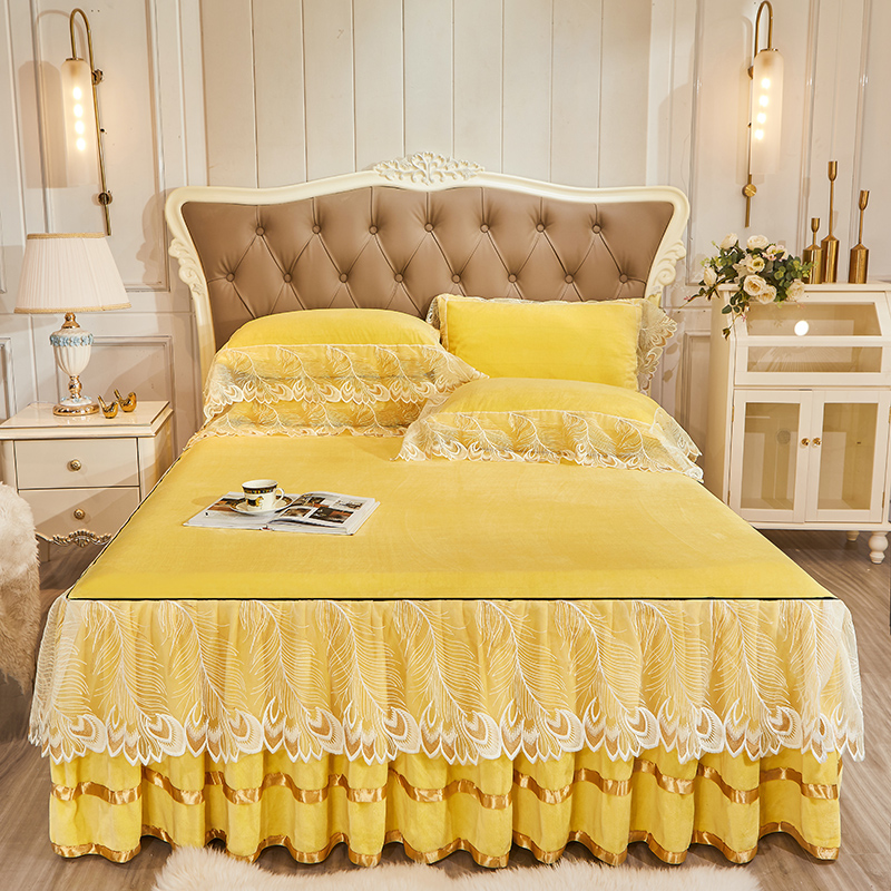 2021新款洛丽塔牛奶绒韩式单床裙 120*200cm单床裙 洛丽塔-柠檬黄