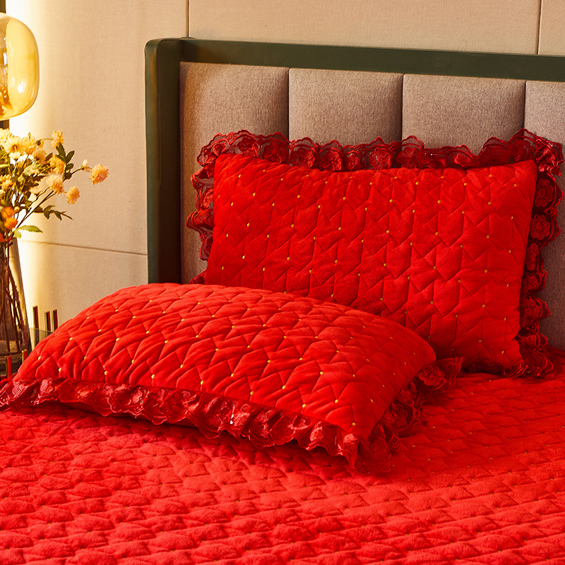 2021新款赫拉水晶绒夹棉保暖单枕套 48*74cm枕套一对 赫拉-中国红