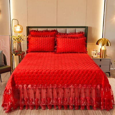 2021新款赫拉水晶绒夹棉保暖单床盖四件套 250*250cm床盖款四件套 赫拉-中国红