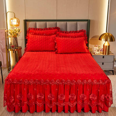2022新款水晶绒保暖单品床裙三件套赫拉系列 150cmx200cm单床裙 赫拉大红