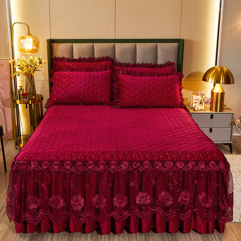 2022新款水晶绒保暖单品床裙三件套赫拉系列 150cmx200cm单床裙 赫拉酒红