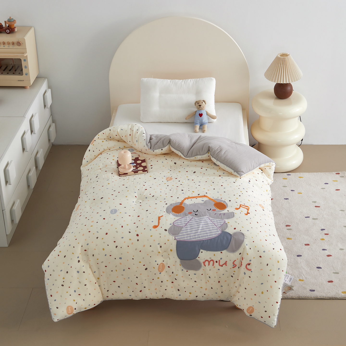 2025新款轻芯系列-A类双层纱纯棉印花贴布绣卡通被子春秋被冬被儿童安抚被 音乐小象