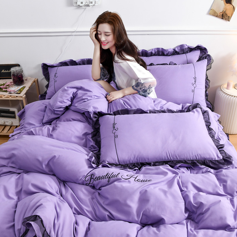 2020新款-加厚磨毛蕾丝花边四件套 床单款1.8m（6英尺）床 浅紫