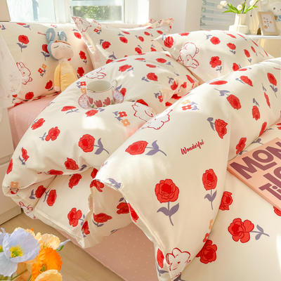 2022芦荟棉四件套5月新花型 床单款三件套1.2m（4英尺）床 玫瑰和兔