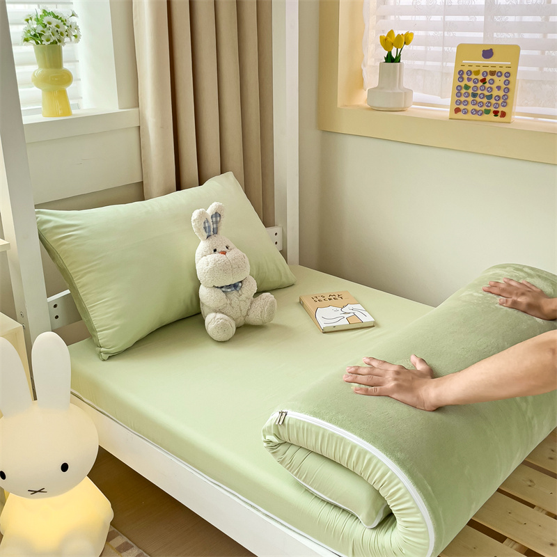 2023新款棉加绒床垫套纯色双面可用床垫保护罩 90*190cm单品床垫套 床垫套-浅豆绿