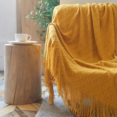 2021新款晴纶菱形流苏梭织毯子 127x170cm（含流苏） 姜黄色