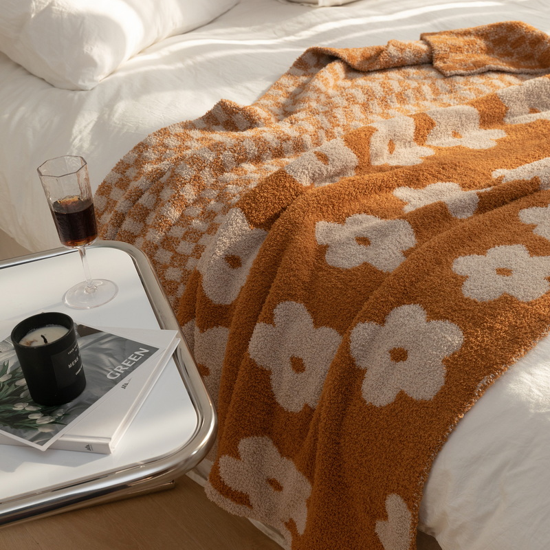 2022新款花朵棋盘格针织盖毯 北欧风午睡沙发毯子ins床尾毯 130*170cm 橘色