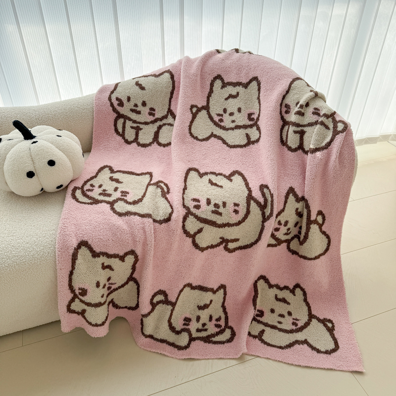 2024新款针织色织提花半边绒A类针织毯-粉色小猫 120*150CM 粉色小猫