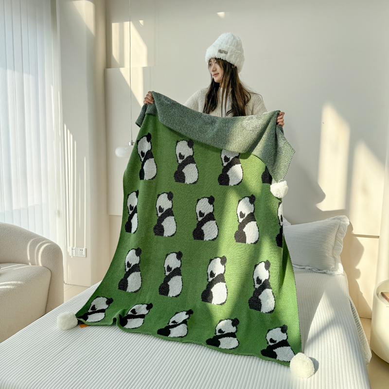 2024新款针织休闲多用毯毛毯午睡毯-绿色熊猫 130*160 绿色熊猫