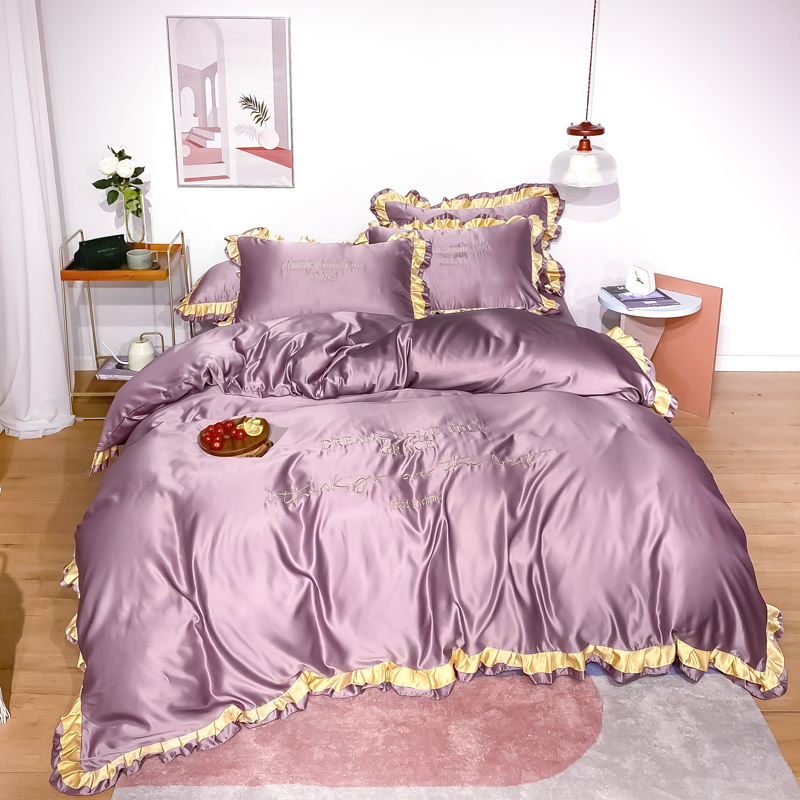 2020新款《诺曼》水洗真丝实拍图 2.0m床单款四件套 紫粉