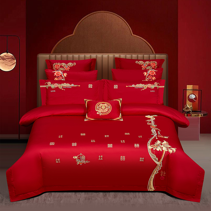 2025新款婚庆长绒棉时尚小红书爆款刺绣婚庆四件套多件套280系列-喜嫁 床单四件套
