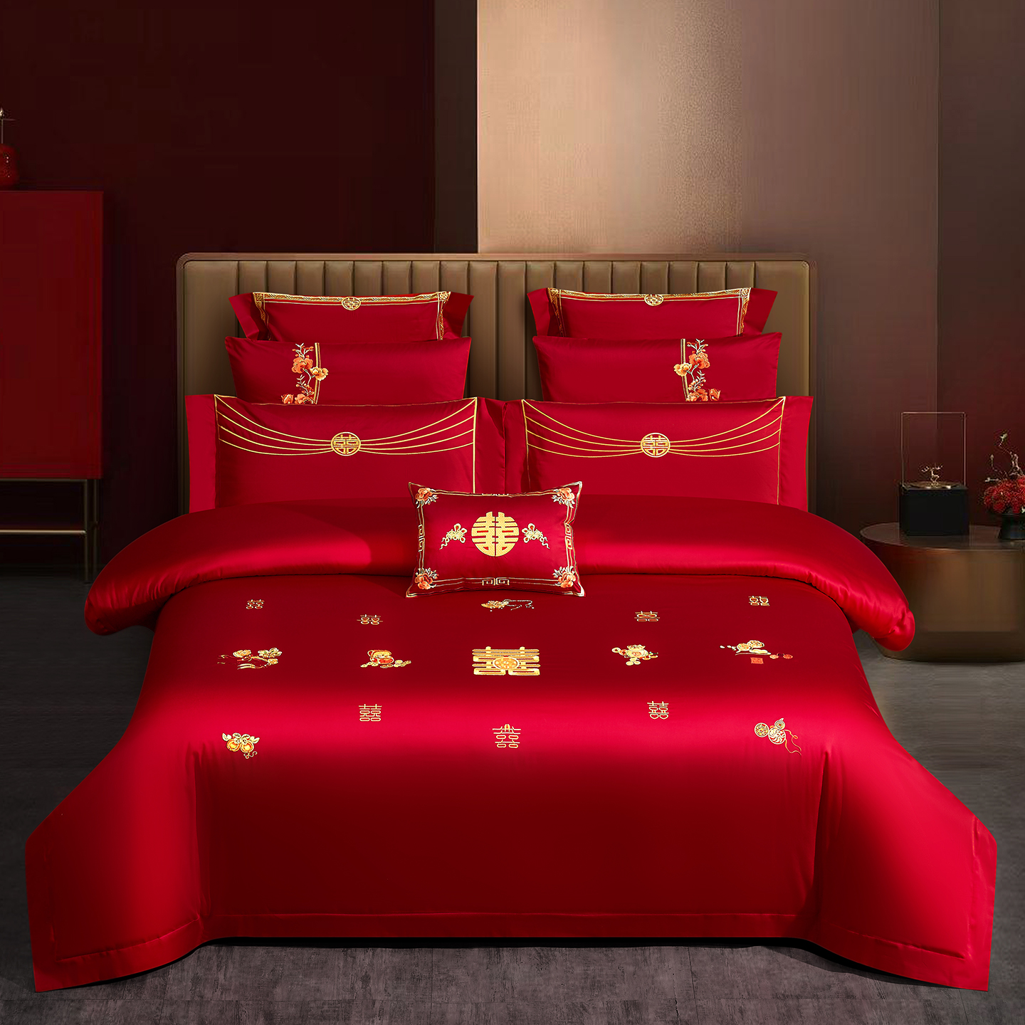 2025新款婚庆长绒棉时尚小红书爆款刺绣婚庆四件套多件套-无提花款-喜迎鸿运 床单四件套