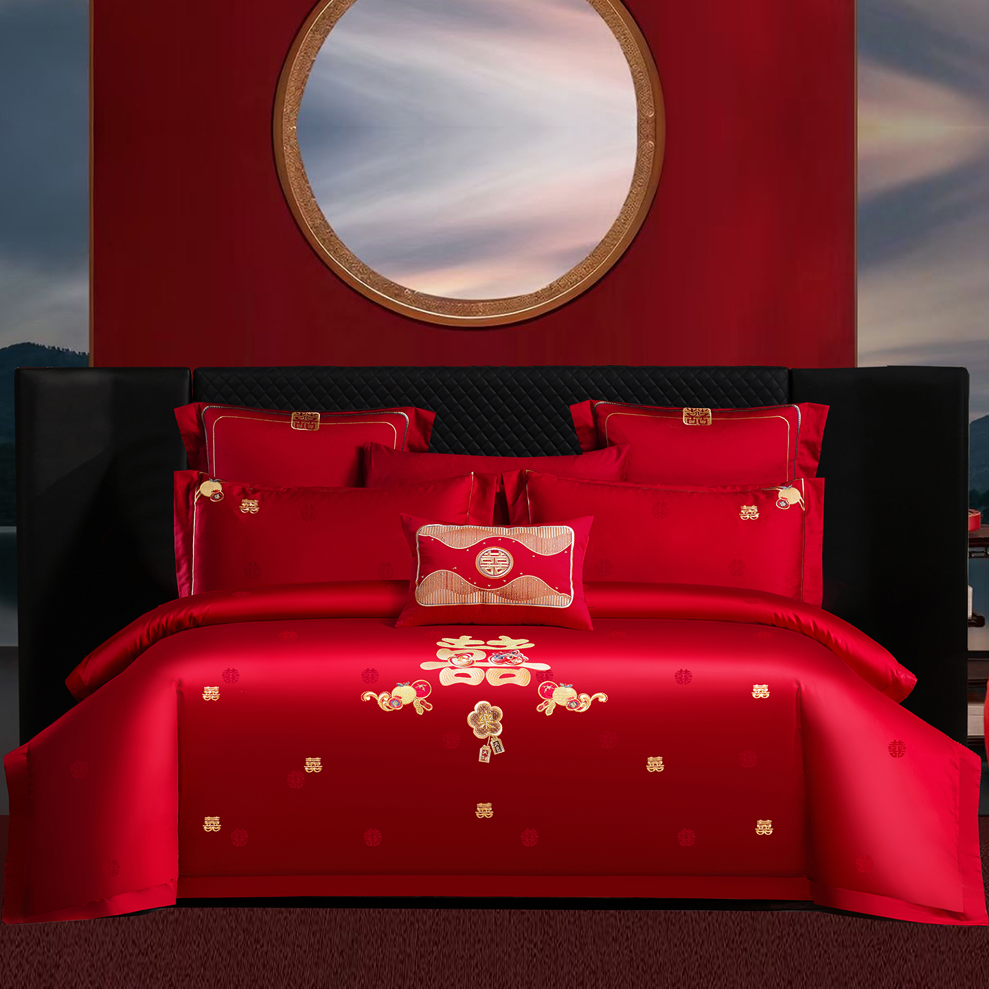 2025新款婚庆长绒棉时尚小红书爆款刺绣婚庆四件套多件套-提花款-喜福临门 床单四件套