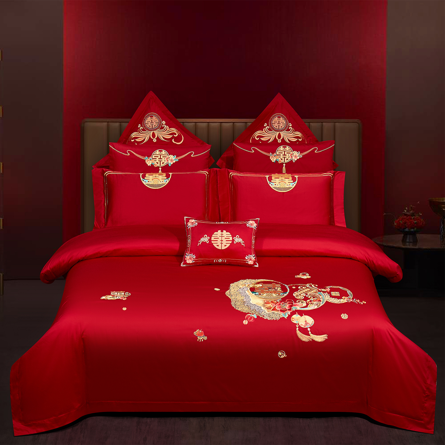 2025新款婚庆长绒棉时尚小红书爆款刺绣婚庆四件套多件套-无提花款-合家欢 床单四件套