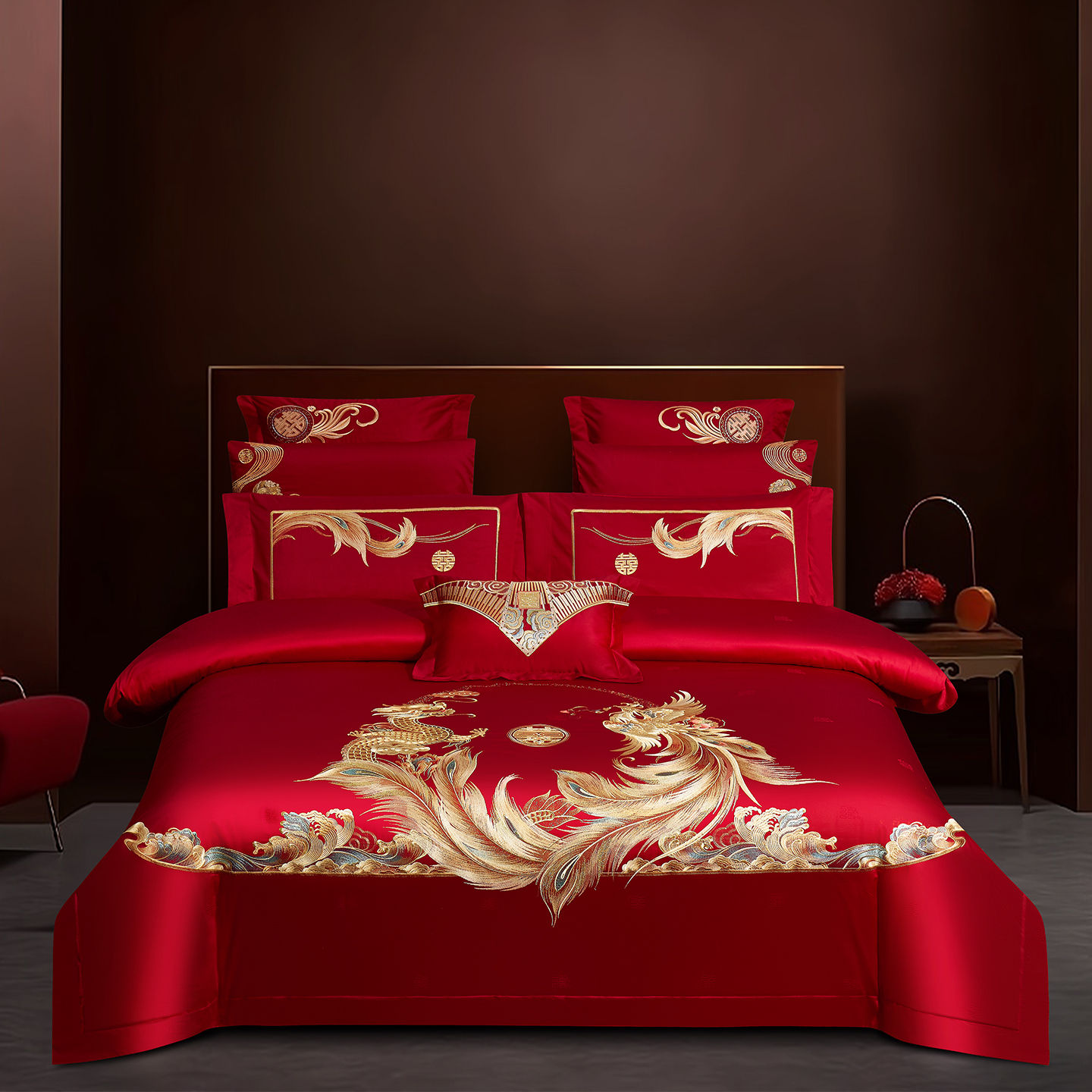 2025新款婚庆新疆长绒棉绣花四件套多件套340系列-金龙玉凤 床单四件套