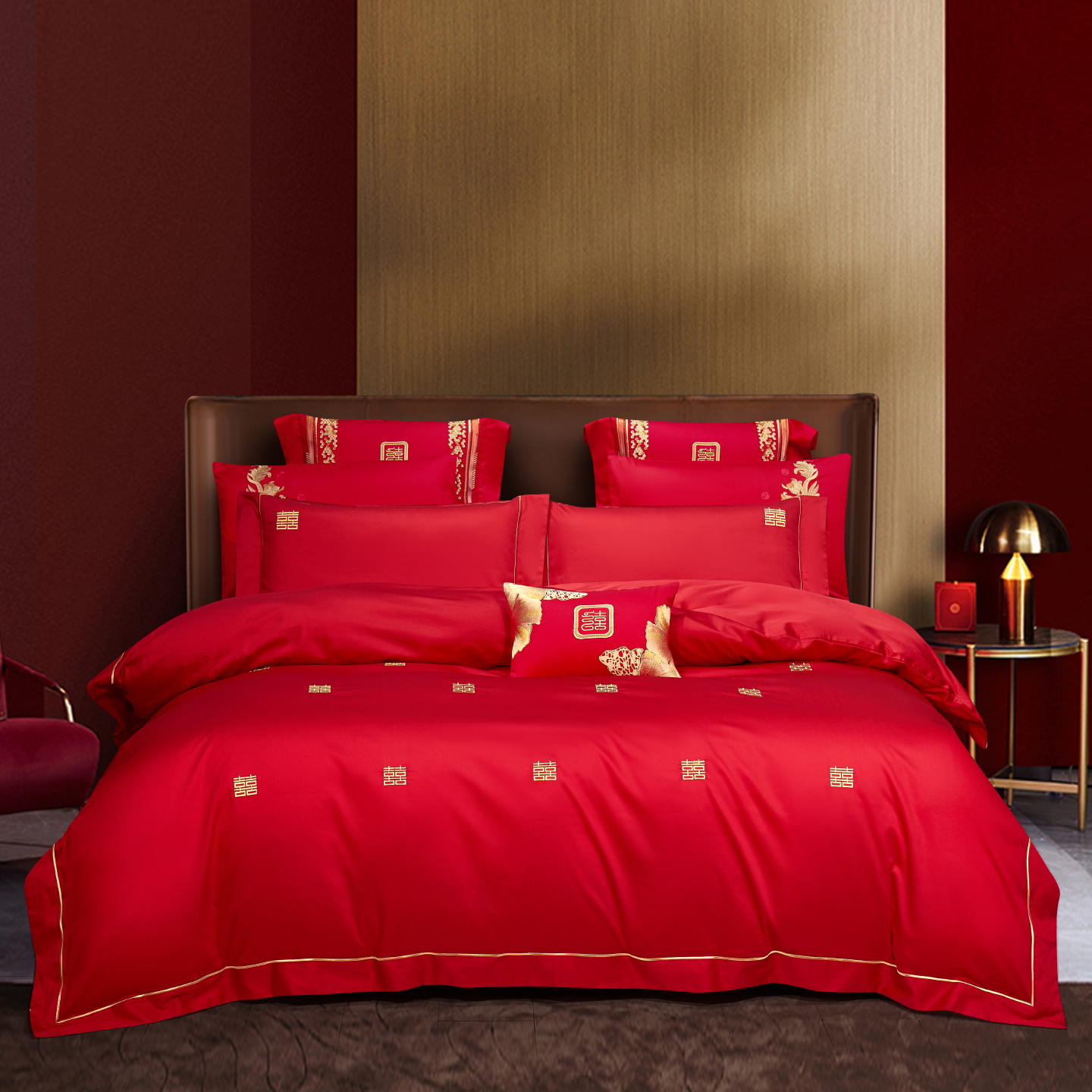 2025新款婚庆长绒棉时尚小红书爆款刺绣婚庆四件套多件套-无提花款-福喜双至 床单四件套