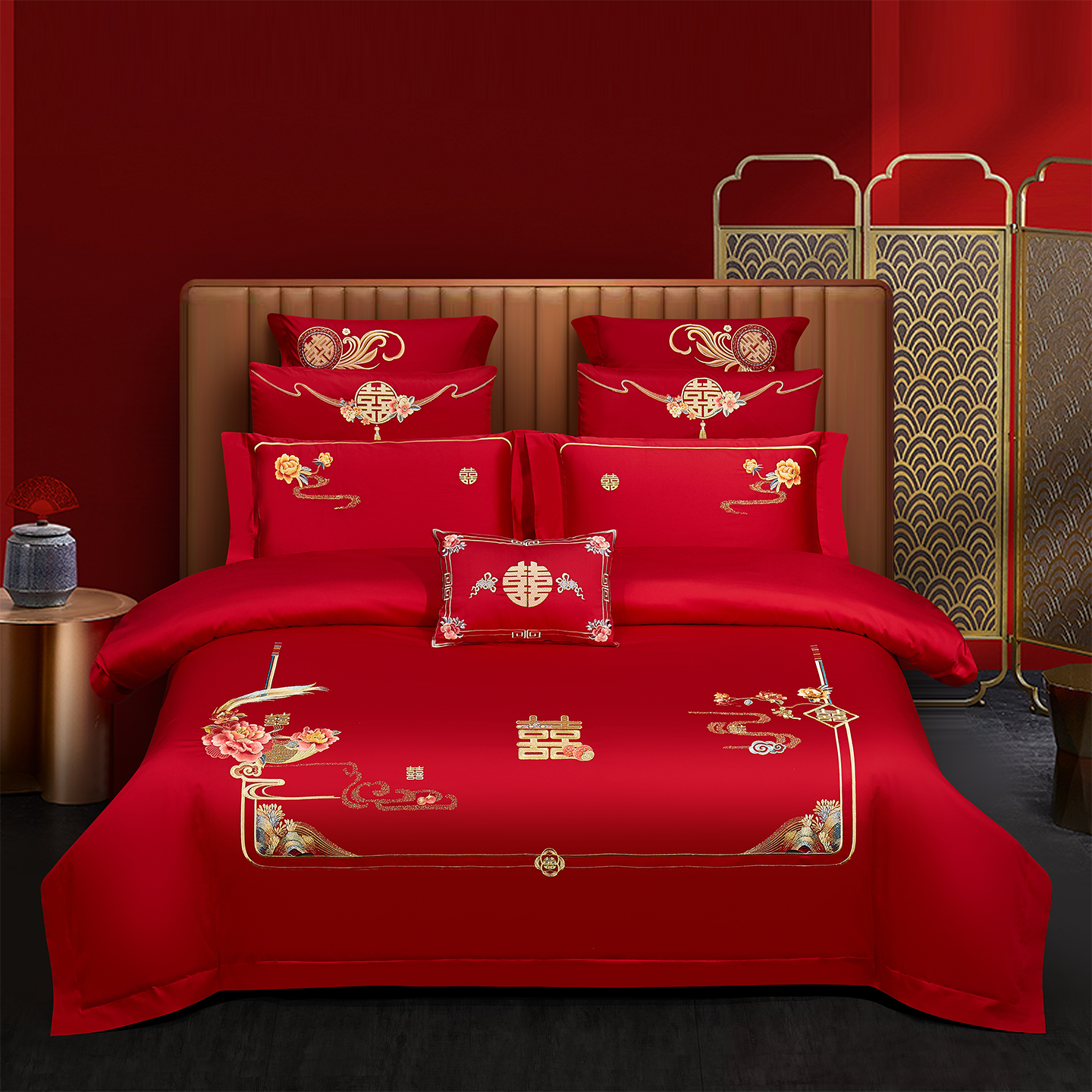 2025新款婚庆长绒棉时尚小红书爆款刺绣婚庆四件套多件套-无提花款-花似锦 床单四件套