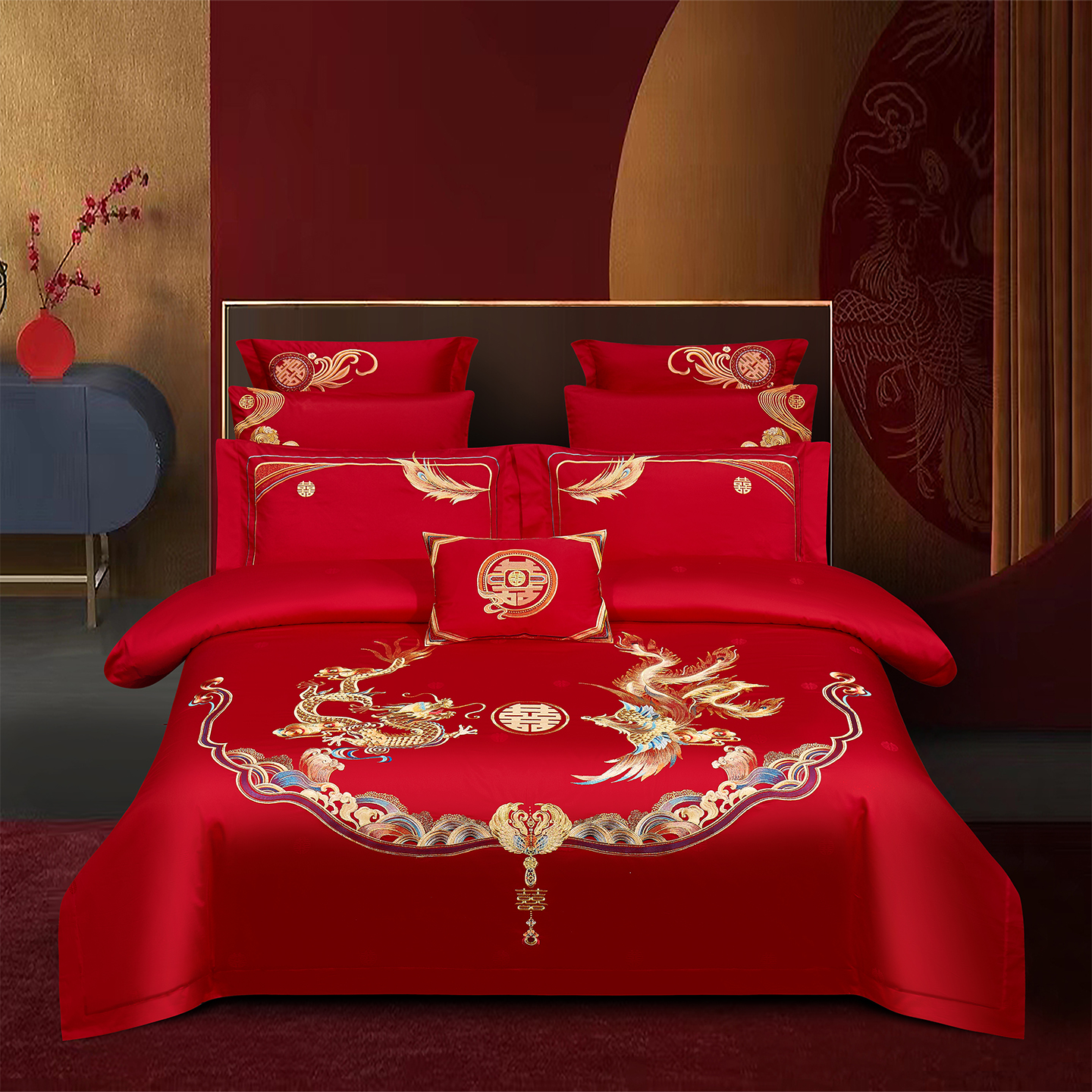2025新款婚庆新疆长绒棉绣花四件套多件套340系列-吉龙祥凤 床单四件套