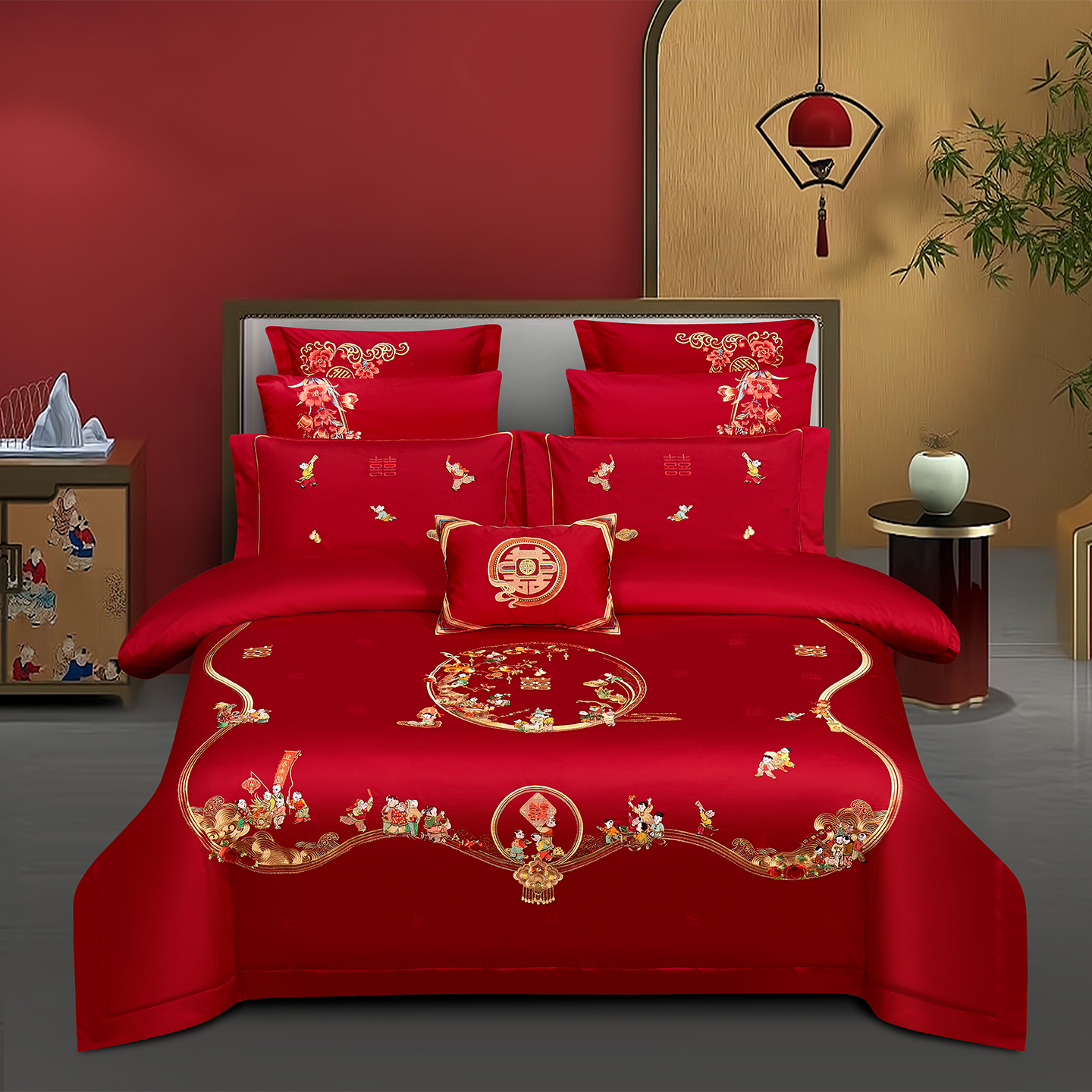 2025新款婚庆新疆长绒棉绣花四件套多件套340系列-喜气盈门 床单四件套