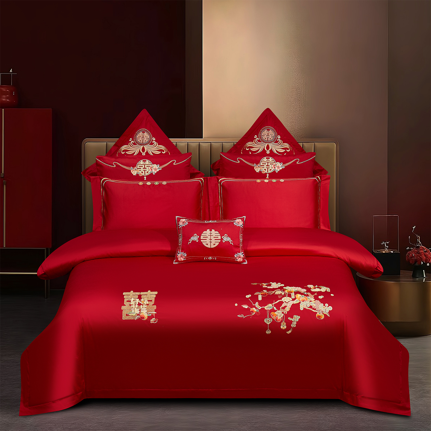 2025新款婚庆长绒棉时尚小红书爆款刺绣婚庆四件套多件套-无提花款-福临门 床单四件套