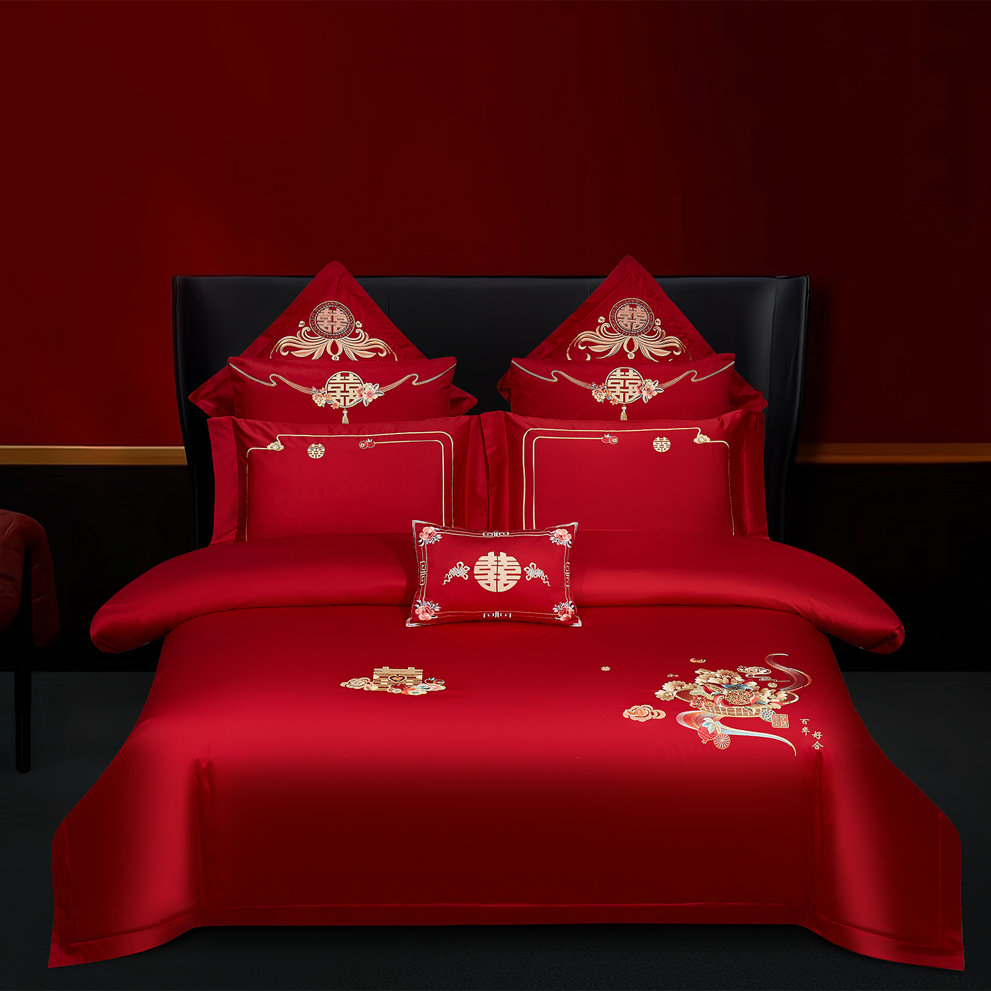 2025新款婚庆长绒棉时尚小红书爆款刺绣婚庆四件套多件套-无提花款-喜相逢 床单四件套