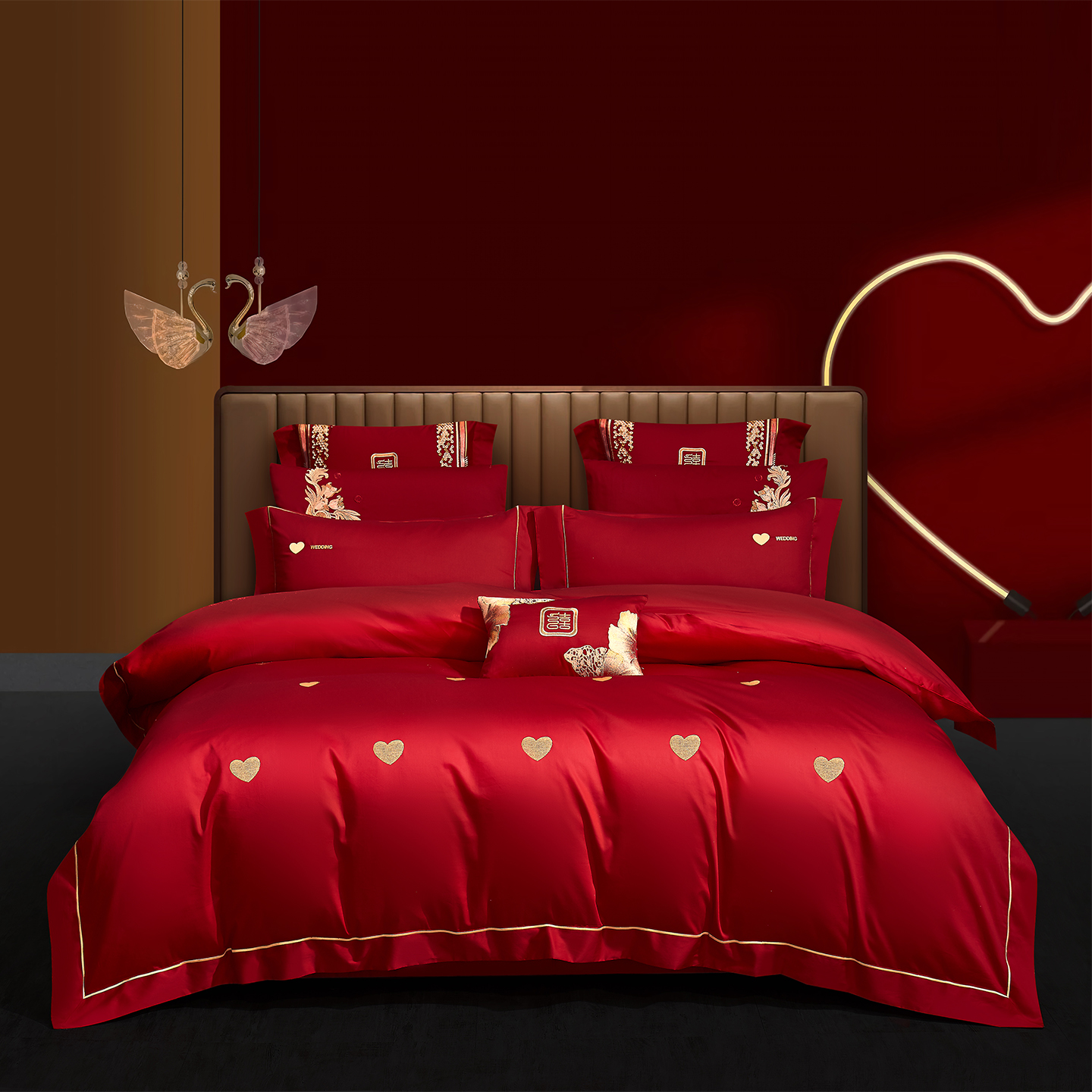 2025新款婚庆长绒棉时尚小红书爆款刺绣婚庆四件套多件套-无提花款-喜乐年华 床单四件套