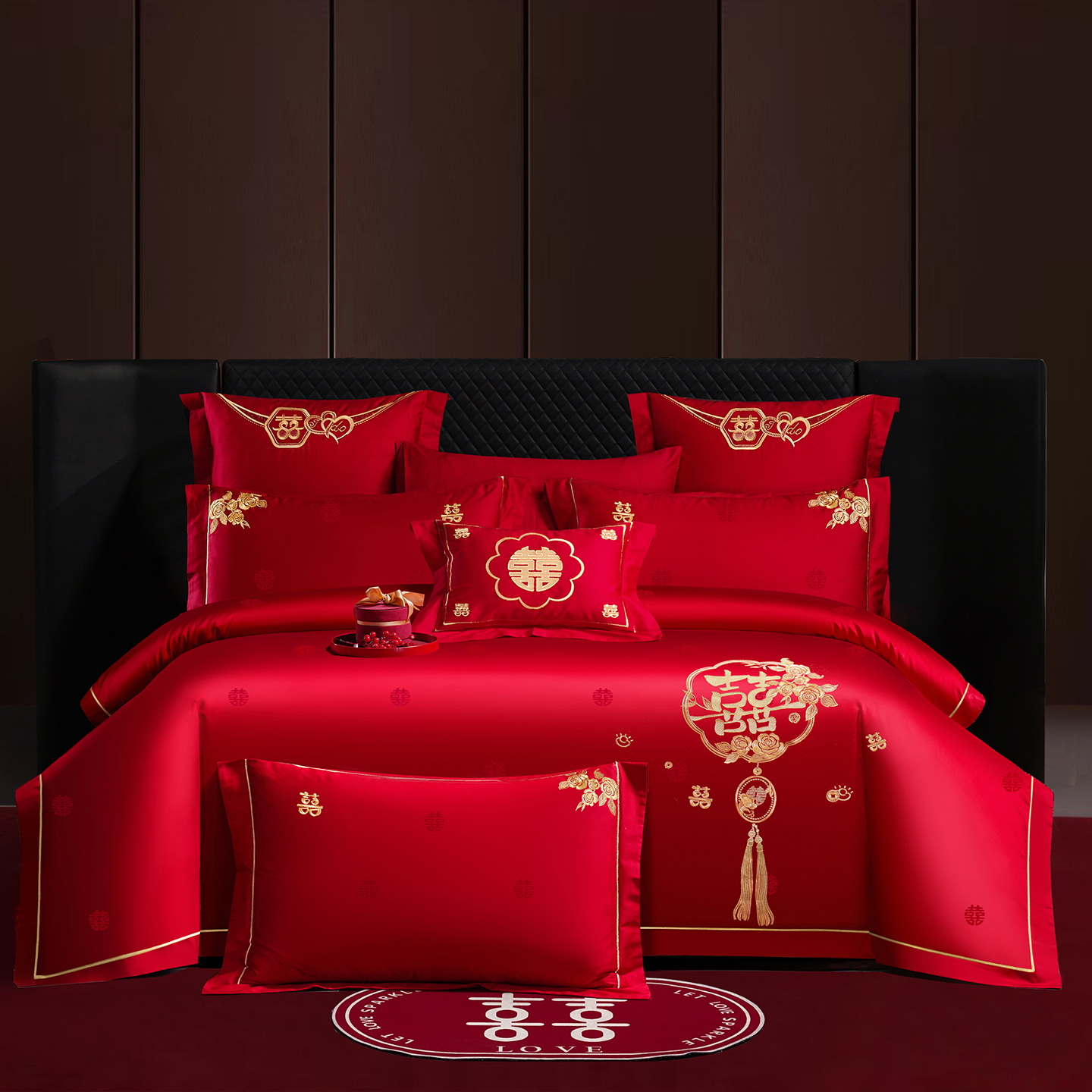 2025新款婚庆长绒棉时尚小红书爆款刺绣婚庆四件套多件套-提花款-欢天喜地 床单四件套