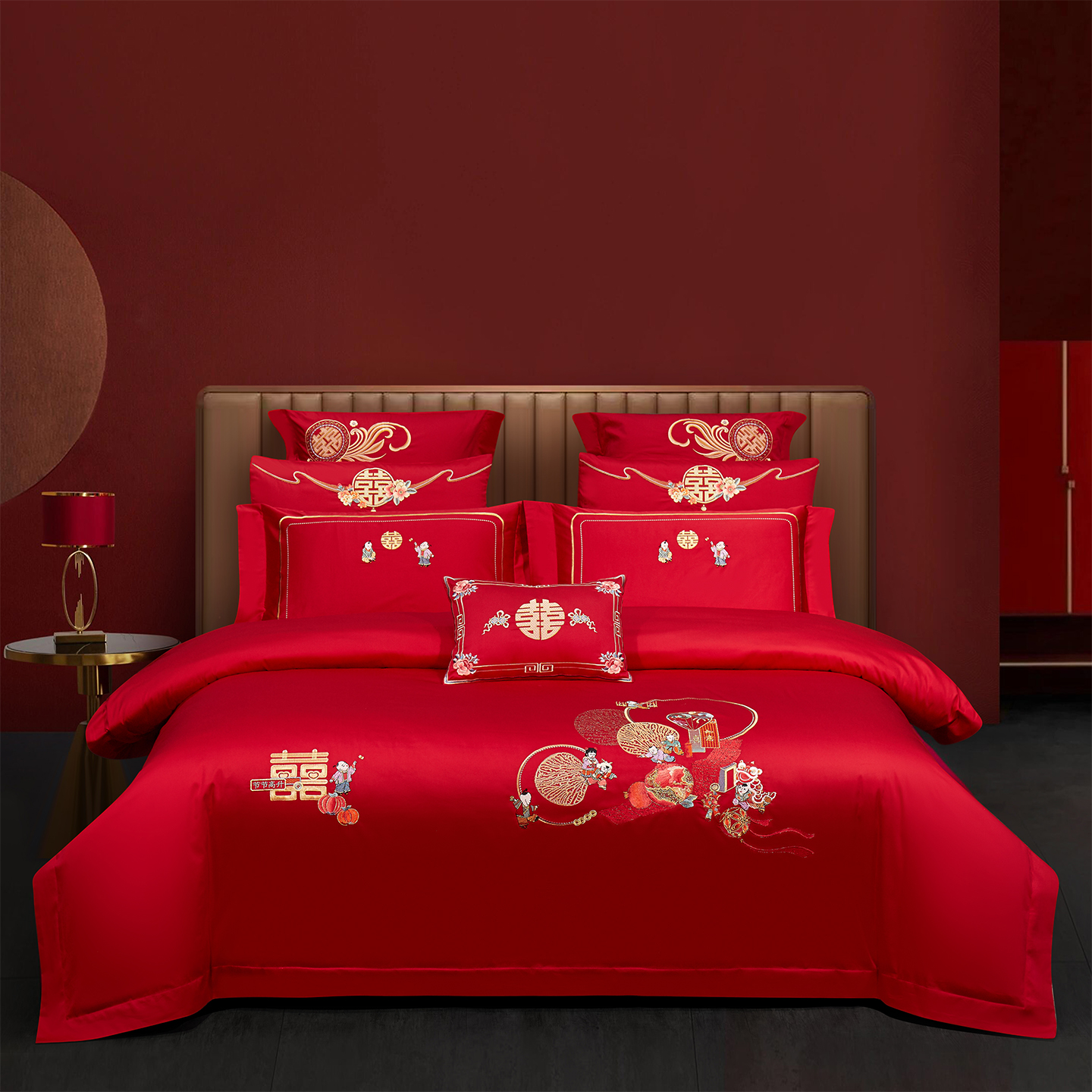 2025新款婚庆长绒棉时尚小红书爆款刺绣婚庆四件套多件套-无提花款-百子福 床单四件套