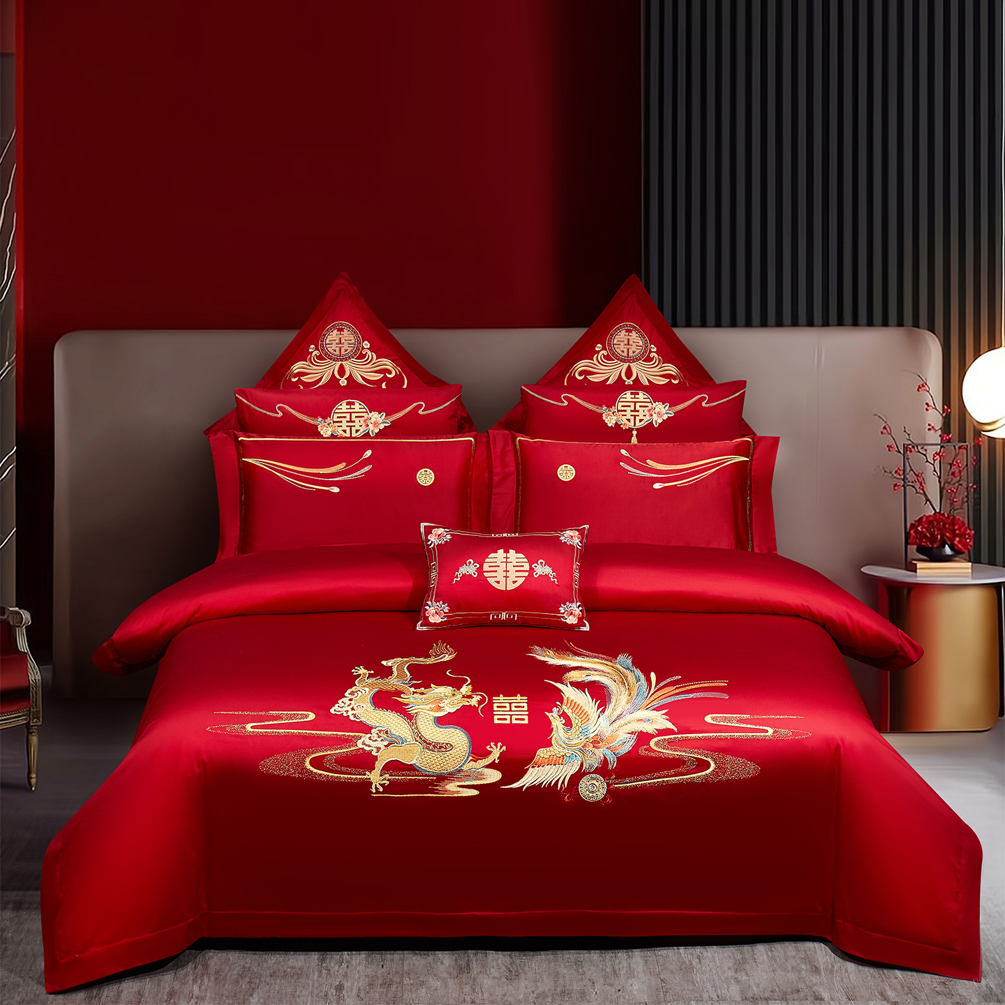 2025新款婚庆长绒棉时尚小红书爆款刺绣婚庆四件套多件套-无提花款-凤求凰 床单四件套