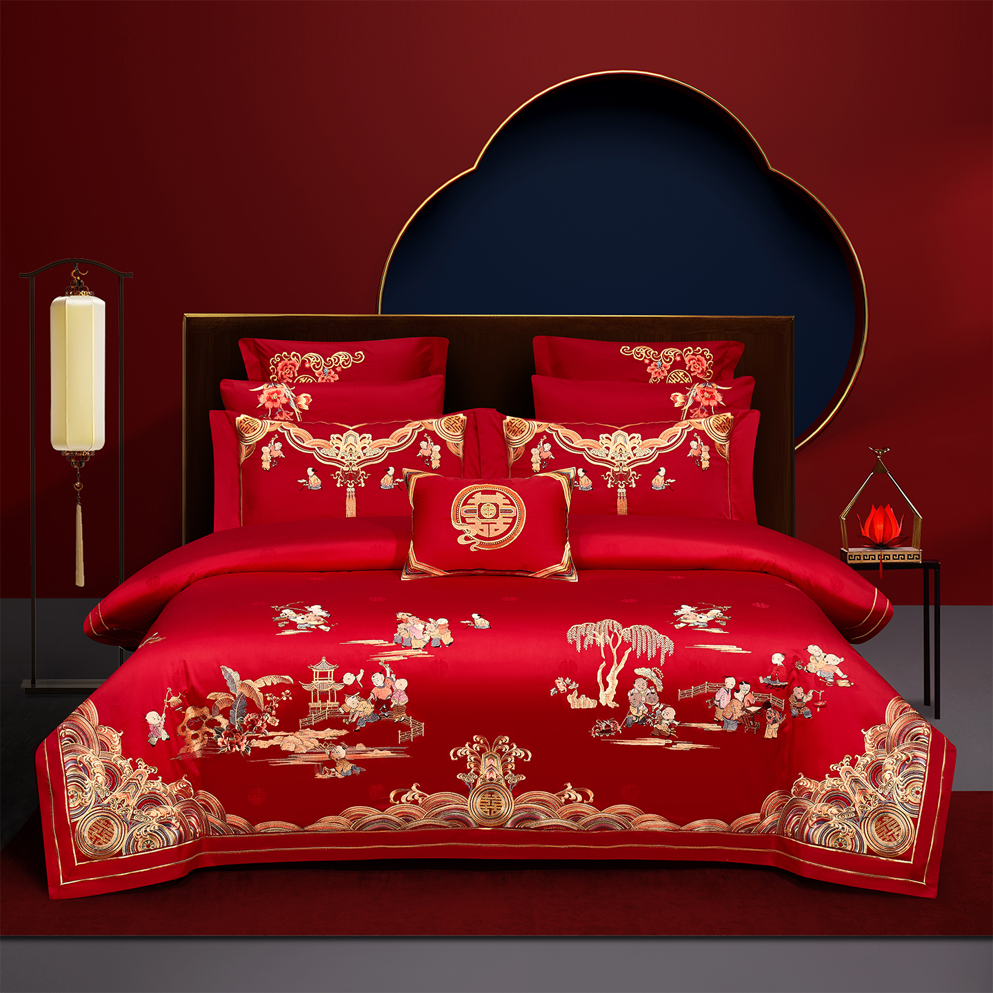 2025新款婚庆新疆长绒棉绣花四件套多件套340系列-百子登科 床单四件套