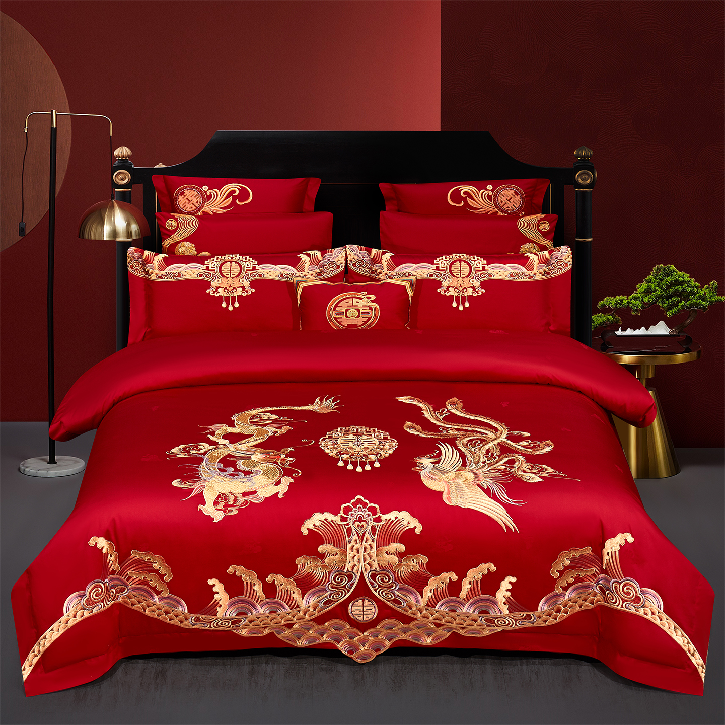 2025新款婚庆新疆长绒棉绣花四件套多件套340系列-锦绣龙凤 床单四件套