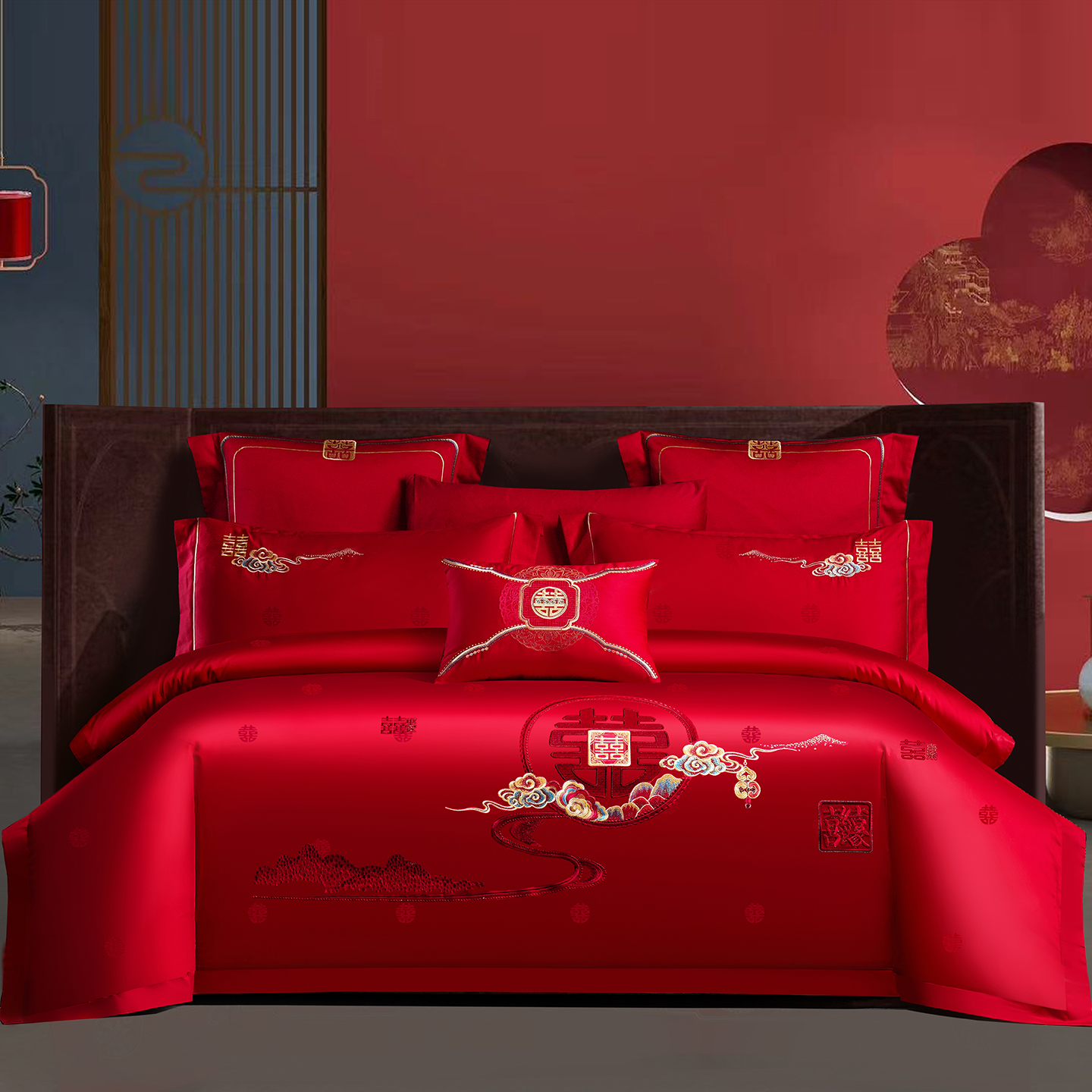 2025新款婚庆长绒棉时尚小红书爆款刺绣婚庆四件套多件套-提花款-喜上眉梢 床单四件套