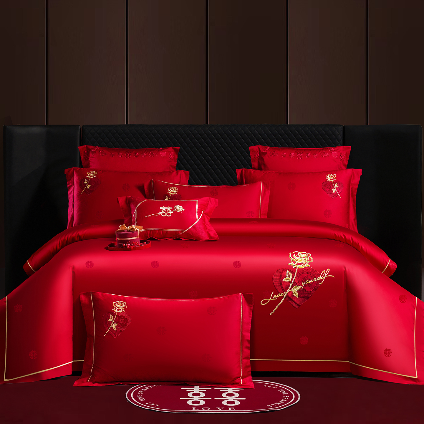 2025新款婚庆长绒棉时尚小红书爆款刺绣婚庆四件套多件套-提花款-玫瑰之恋 床单四件套