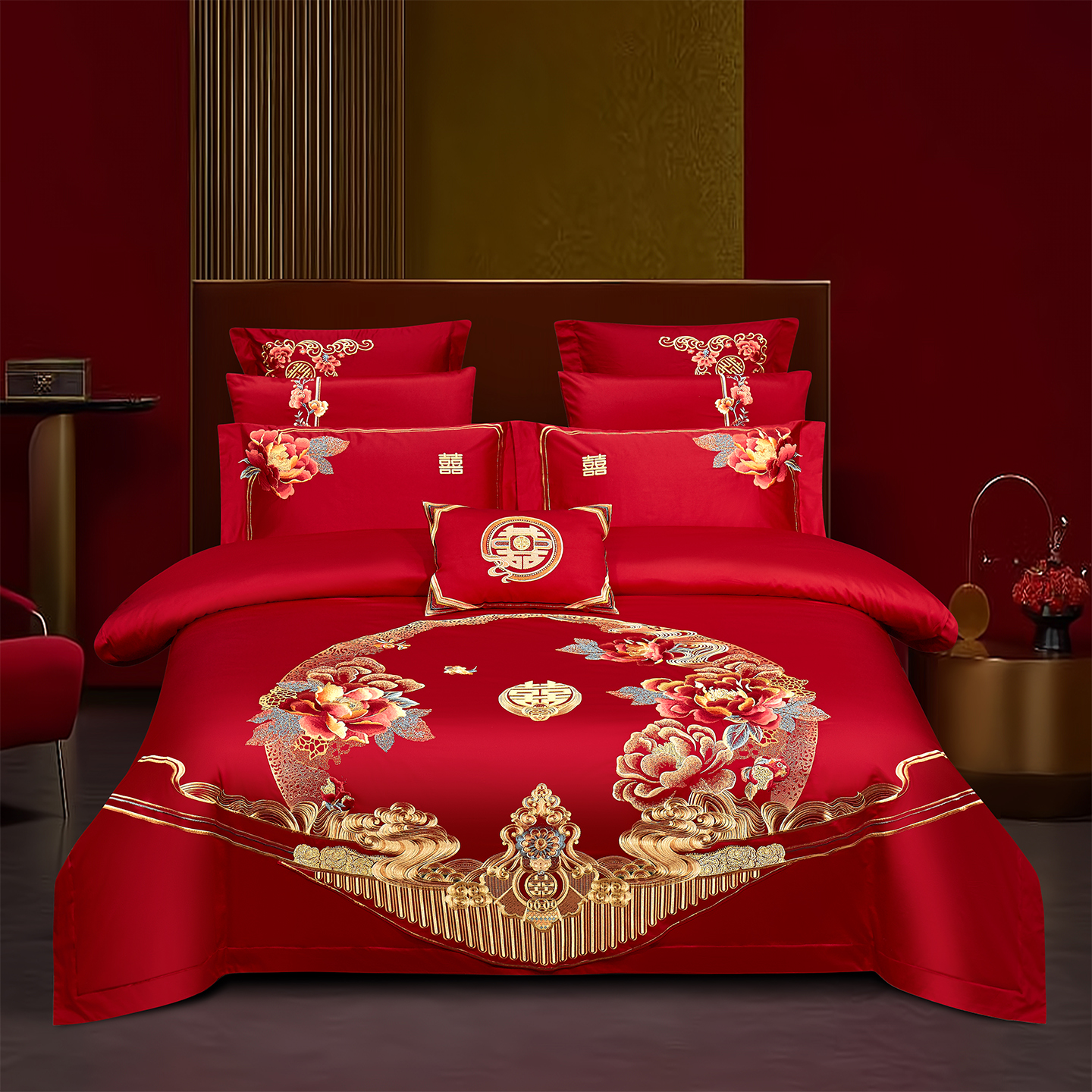 2025新款婚庆新疆长绒棉绣花四件套多件套340系列-牡丹之恋 床单四件套