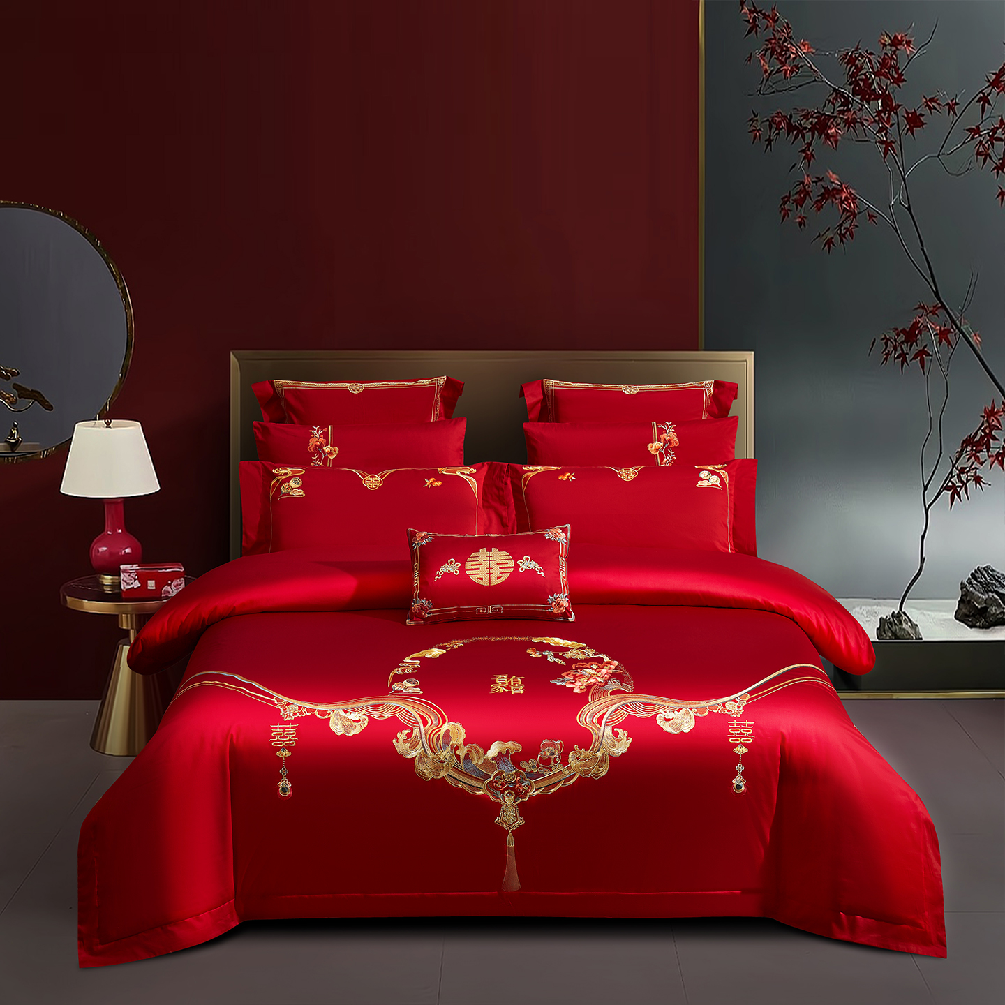 2025新款婚庆长绒棉时尚小红书爆款刺绣婚庆四件套多件套-无提花款-锦绣芳华 床单四件套