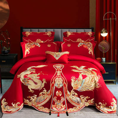 2023新款140支传统中式精美刺绣工艺四件套（婚庆多件套）-爱的红妆 1.8m（6英尺）床 床单款四件套