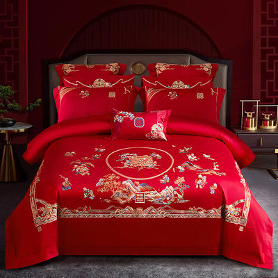 2023新款140支传统中式精美刺绣工艺四件套（婚庆多件套）-称心如意 1.8m（6英尺）床 床单款四件套