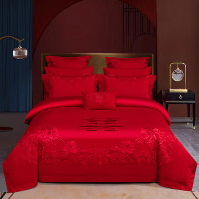 2023新款40支原版重绣超大花绣花款婚庆多件套-花语芬芳红 1.8m（6英尺）床 床单四件套