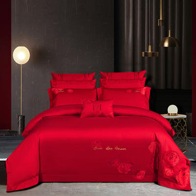 2024新款140支时尚长绒棉婚庆四件套多件套-爱在玫瑰红 1.8m（6英尺）床 床单四件套