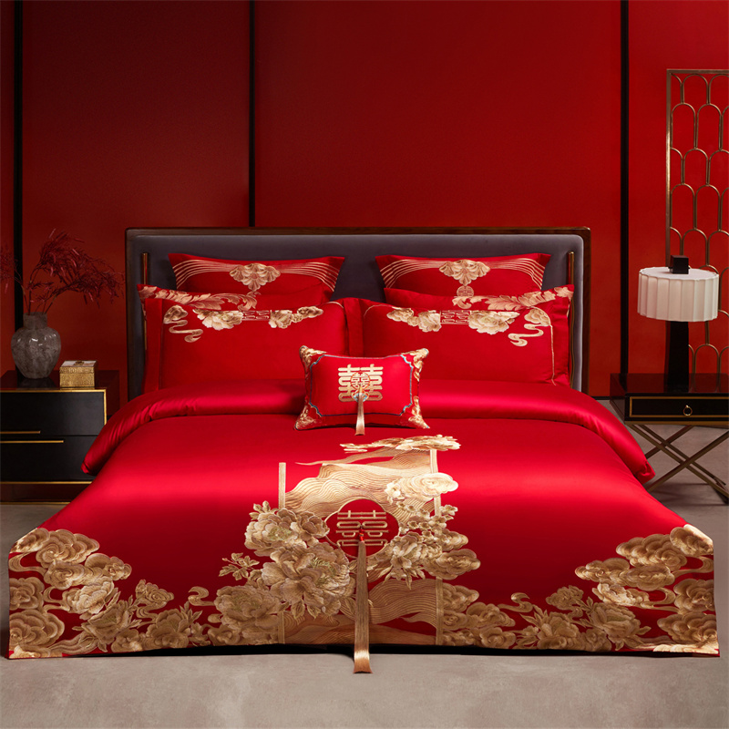 （控价）2025新款全棉新中式刺绣款婚庆多件套 花前月下-金