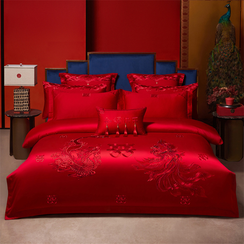 （控价）2025新款全棉新中式刺绣款婚庆多件套 心有灵犀-红