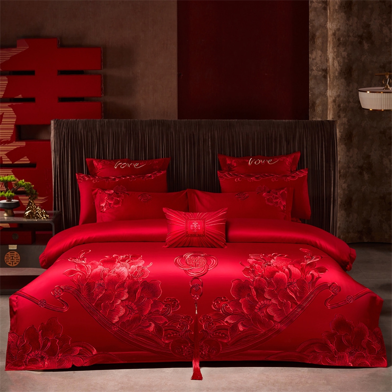 （控价）2025新款全棉新中式刺绣款婚庆多件套 富贵荣华-红