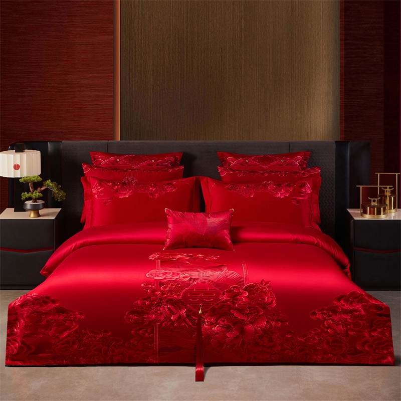 （控价）2025新款全棉新中式刺绣款婚庆多件套 花前月下-红