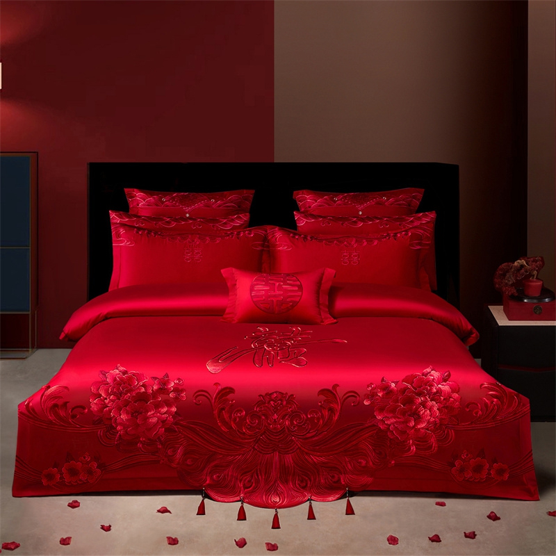 （控价）2025新款全棉新中式刺绣款婚庆多件套 甜蜜之恋-红